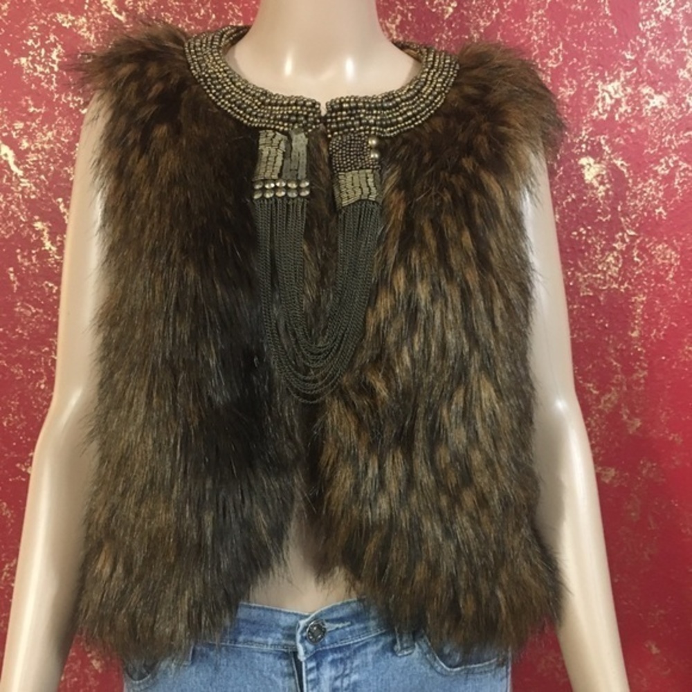 BOSTON PROPER ANDREA BEHAR Faux Fur Beaded Vest M